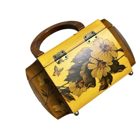 Vintage Wooden Folk Art Brown Yellow Floral Décolletage 1960s Purse Mirror Retro - Picture 6 of 12